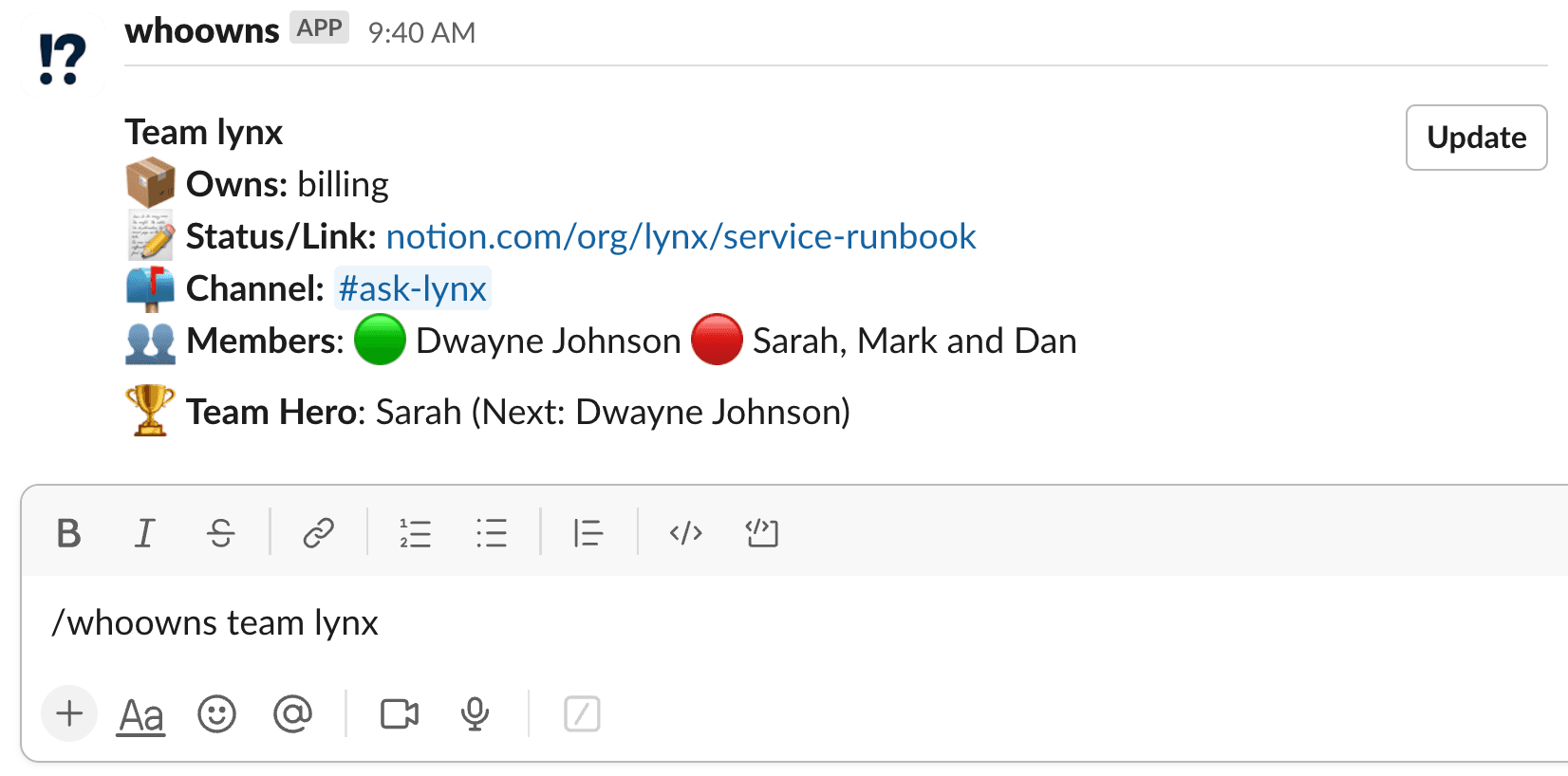 show owning team bot for Slack